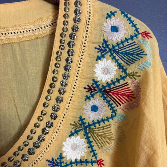 Sundance Sacred Songs Embroidered Yellow Scoop Neck Cotton Tunic Top Medium - Picture 5 of 9